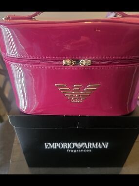 Emporio Armani Hot Pink Patent Cosmetic Case with Gold Logo